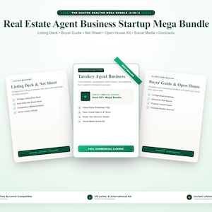 May include: A digital Real Estate Agent Business Startup Mega Bundle featuring three white cards with dark green text and accents. The cards list various templates including a Listing Deck, Net Sheet, Buyer Guide, and Open House Kit for agents.
