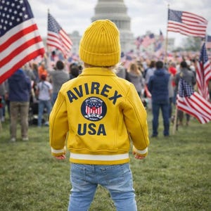 May include: A child wearing a yellow jacket with the text "AVIREX USA" and a matching yellow beanie stands in front of a crowd waving American flags. The jacket has a white stripe at the bottom and a circular emblem.