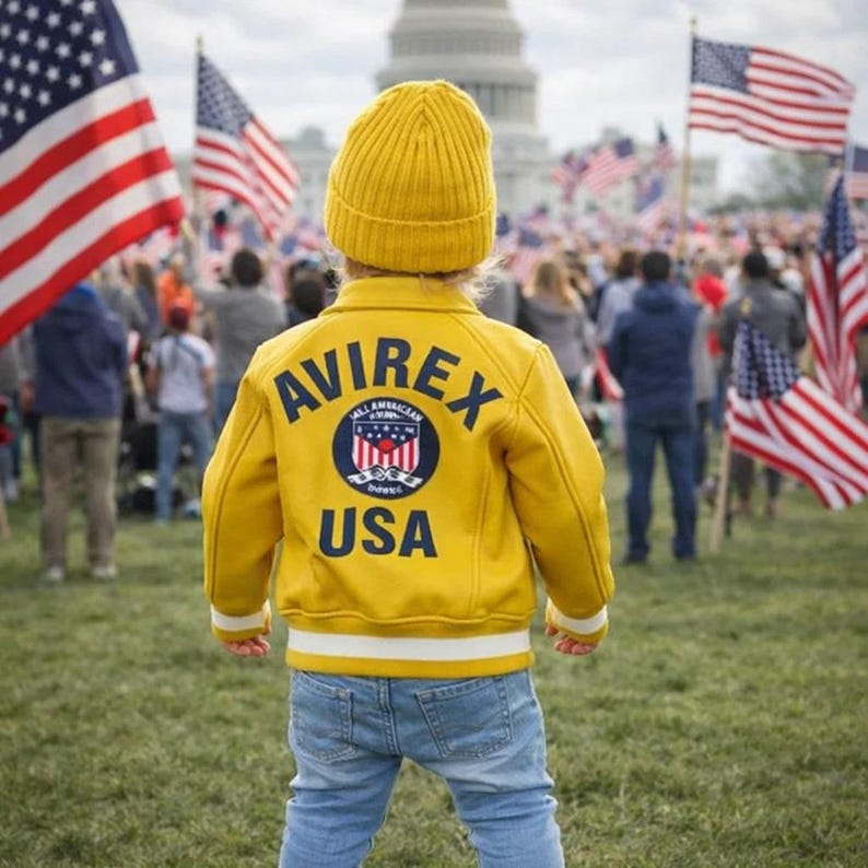 May include: A child wearing a yellow jacket with the text "AVIREX USA" and a matching yellow beanie stands in front of a crowd waving American flags. The jacket has a white stripe at the bottom and a circular emblem.