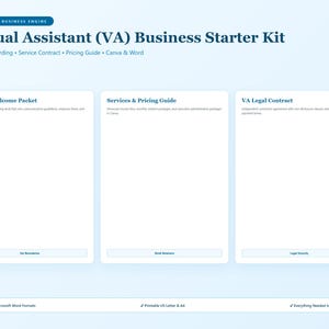 May include: A Virtual Assistant Business Starter Kit featuring a Client Welcome Packet, Services & Pricing Guide, and VA Legal Contract. The digital document set includes Canva and Microsoft Word formats, printable US Letter and A4 sizes.