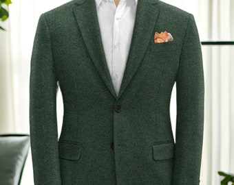 Best Green Handmade tweed three piece suit for men Groom Prom Suit Wedding Anniversary suit for Him DARK Green suit Blazer Coat Pant Suit