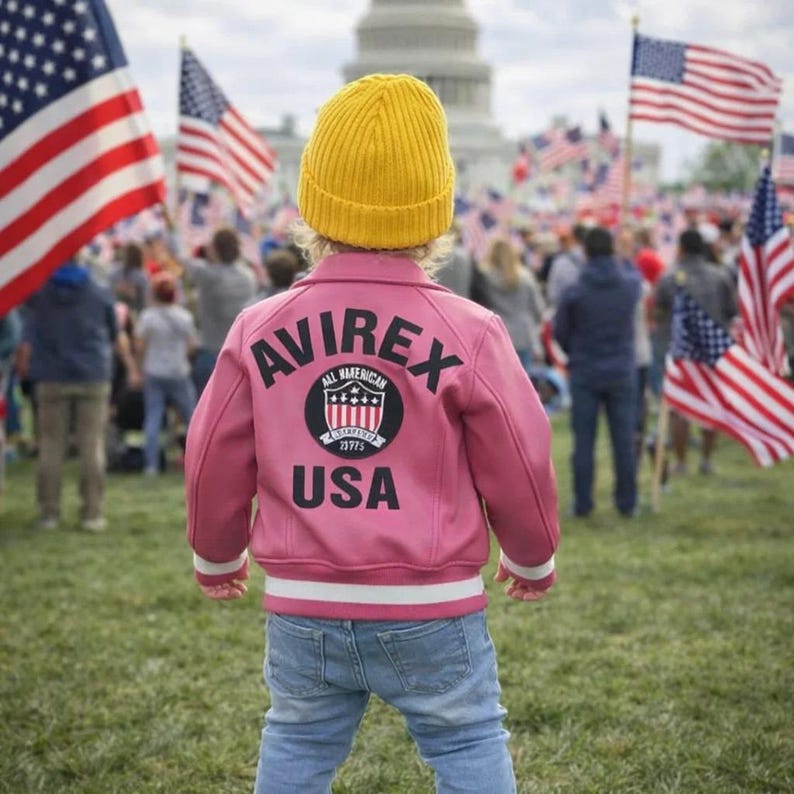 May include: A child wearing a pink jacket with the word "AVIREX" and "USA" printed on the back, along with a graphic. The child is wearing a yellow beanie and blue jeans, standing in front of a crowd of people and American flags.