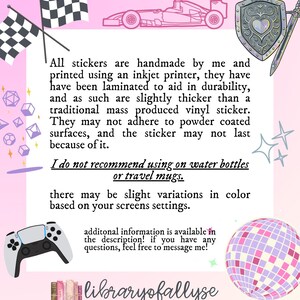May include: A white informational card with black text detailing handmade sticker care, surrounded by illustrations of checkered flags, a race car, a shield with a sword, gaming dice, a game controller, a disco ball, and a row of books.