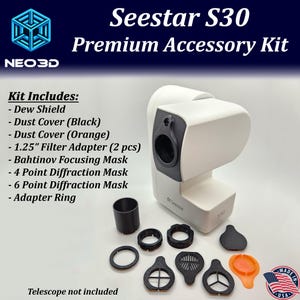 May include: Seestar S30 Premium Accessory Kit includes a dew shield, dust covers in black and orange, a 1.25 inch filter adapter, a Bahtinov focusing mask, 4 and 6 point diffraction masks, and an adapter ring. Telescope not included.