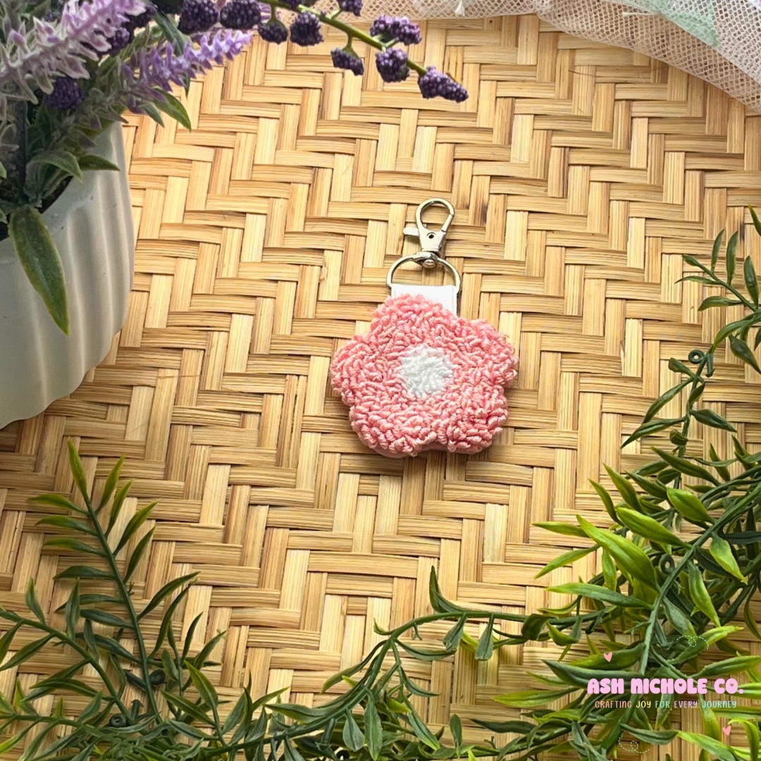 Pff Key Chain Pink Flower Punch Needle Keychain: Handmade Yarn Bag Charm - Etsy