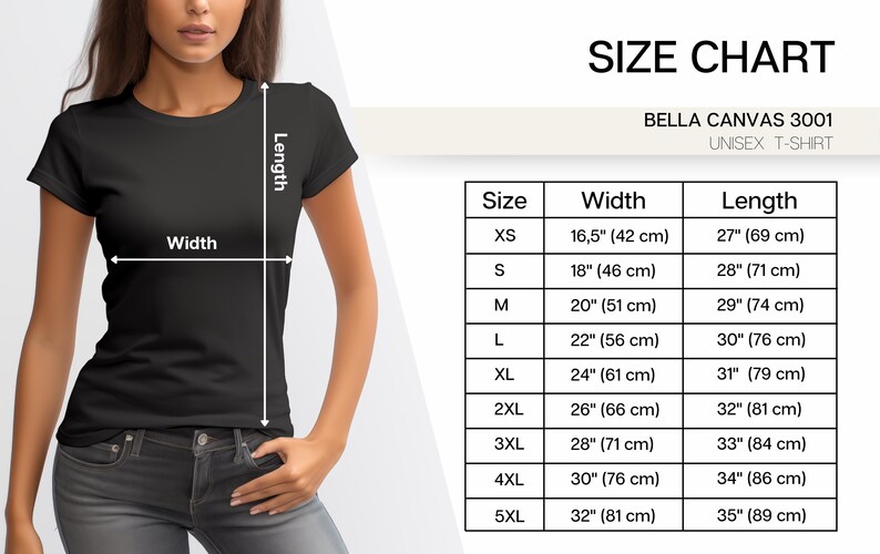 May include: Size chart for a Bella Canvas 3001 unisex t-shirt. The chart shows the width and length of the shirt in inches and centimeters for sizes XS to 5XL.