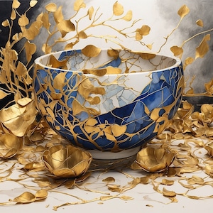 Może przedstawiać: Niebieska i złota ceramiczna miska z pękniętym szkliwem stoi na białym tle otoczona złotymi gałązkami i liśćmi.