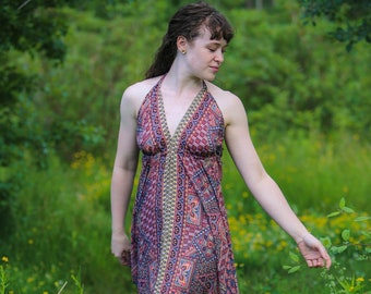 Boho Long Silk Halter Dress | Red & Black | Spring/Summer Maxi Beach Dress