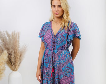 Boho Short Sleeve Silk Maxi Dress | Blue & Pink Aurora Dress  | Summer/Fall Wear