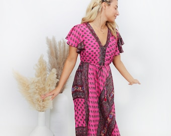 Boho Barbie Dress | Short Sleeve Hot Pink Silk Maxi Dress | Summer/Fall Wear