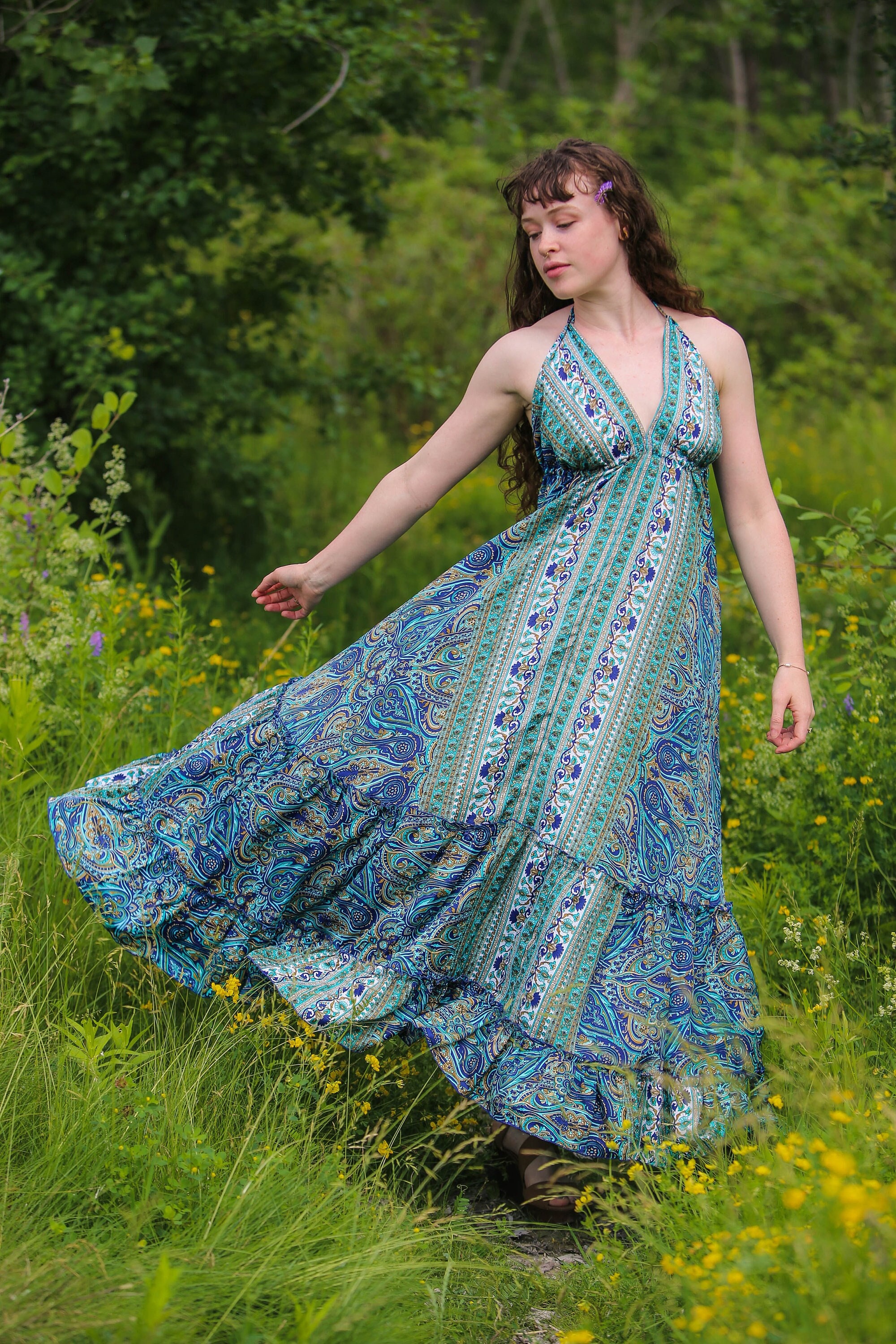 Boho Long Silk Halter Dress | Blue Paisley Print | Spring/summer Beach Dress