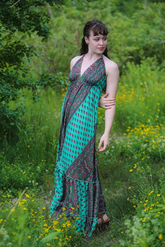 Boho Long Silk Halter Dress | Green Paisley & Floral Print | Spring/summer  Beach Dress - Etsy Israel