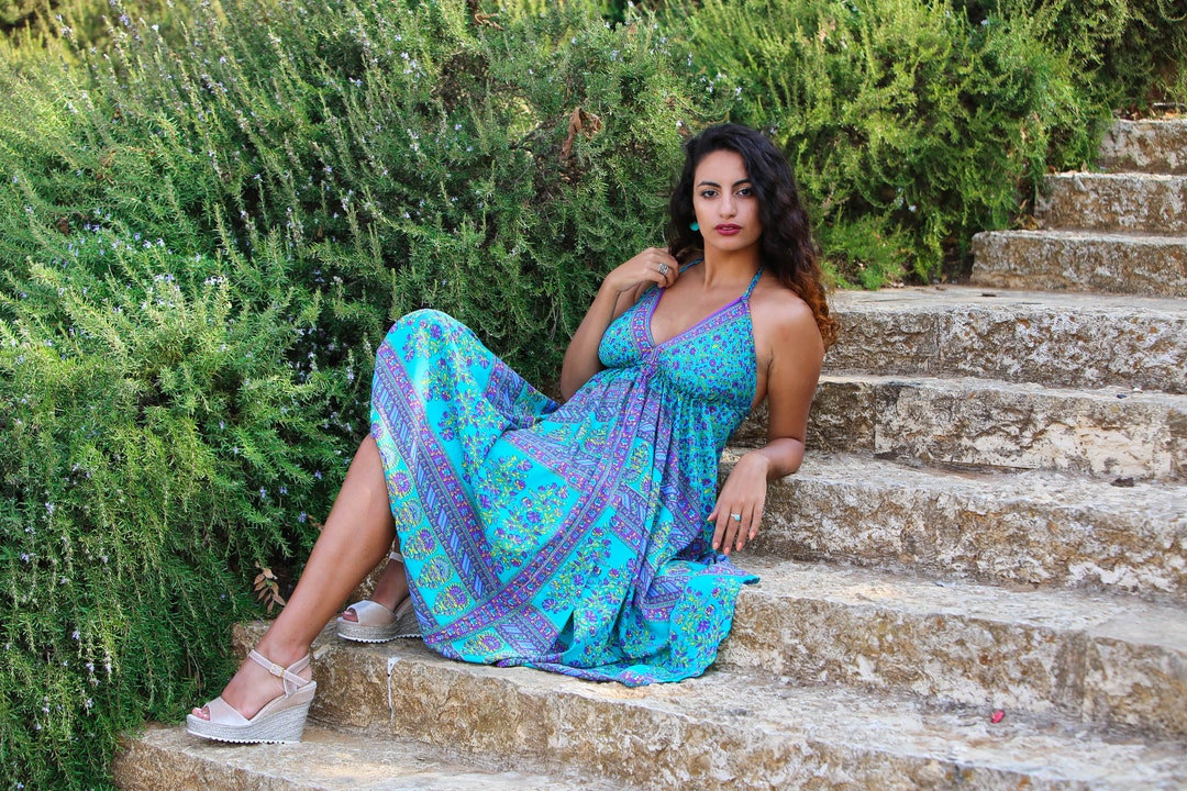 Halter Illusion Long Boho Tulle Dresses Dark Green