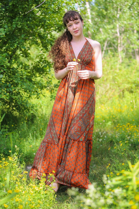 Boho Long Silk Halter Dress | Orange Paisley & Floral Print | Spring/Summer Maxi Beach Dress