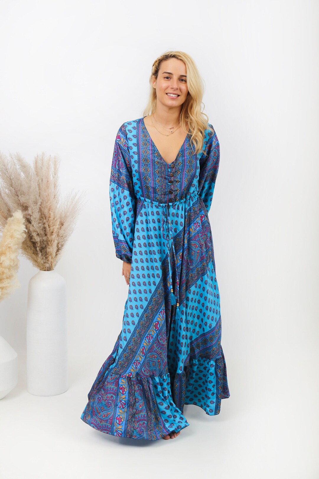 Boho Long Sleeve Silk Maxi Dress | Blue Dress | Spring/summer/fall/winter  Dress - Etsy