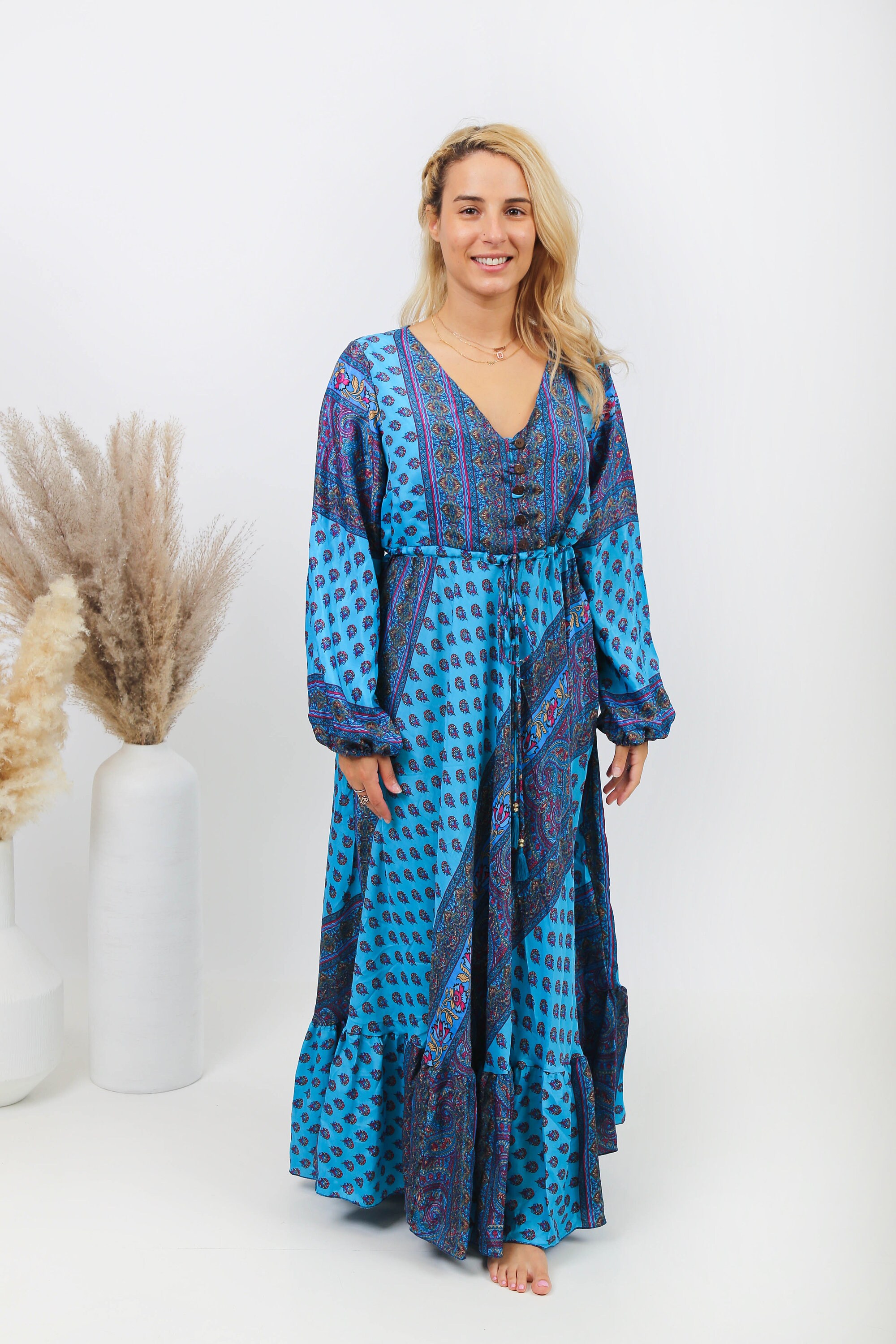 blue boho dress with sleeves Women's Boho Smocked A-Line Maxi Dress