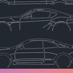 Może przedstawiać: Liniowe rysunki siedmiu różnych modeli samochodów, w tym coupe, sedan, hatchback i samochód sportowy. Rysunki są w czerni i bieli i znajdują się na ciemnoniebieskim tle.
