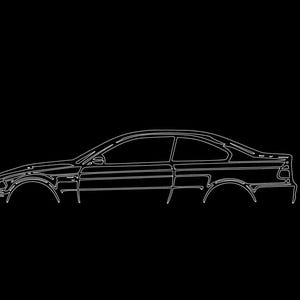 May include: A white outline drawing of a silver coupe car on a black background.