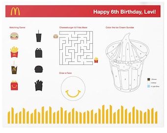 Personalized McDonald's Inspired Birthday Party Activity Sheet - Custom Coloring Table Placemat for Kids