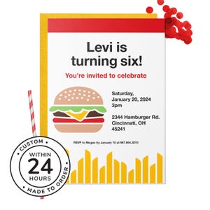 Gepersonaliseerde uitnodiging voor verjaardagsfeestje met hamburger en frietjes - aangepaste fastfooduitnodiging voor kinderen