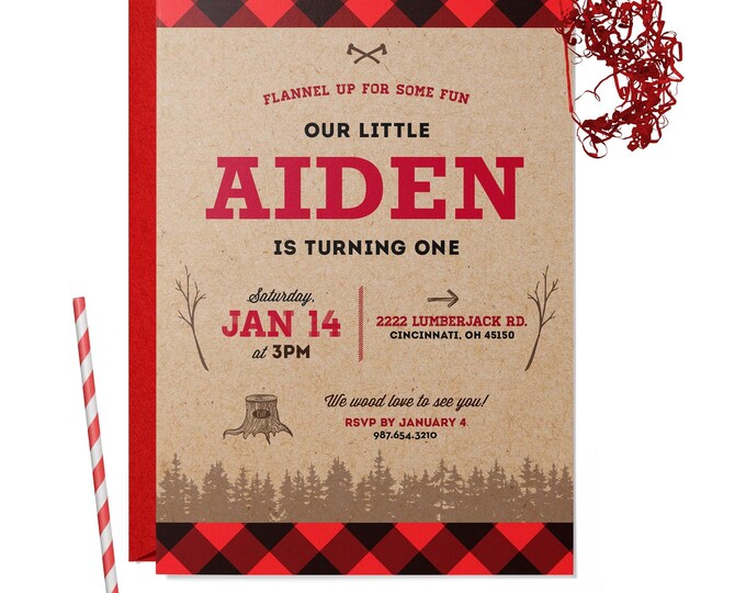 Featured listing image: Rustic Lumberjack First Birthday Party Invitation