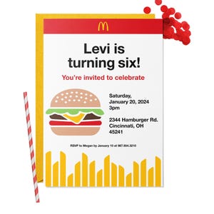 Personalized McDonald&#39;s Themed Birthday Party Invitation - Custom Cheeseburger & Fries Invite for Kids
