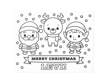 Christmas Coloring Page with Name – Santa, Reindeer & Elf – Personalized Kids Printable