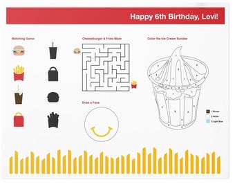 Burger & Fries Birthday Party Activity Sheet