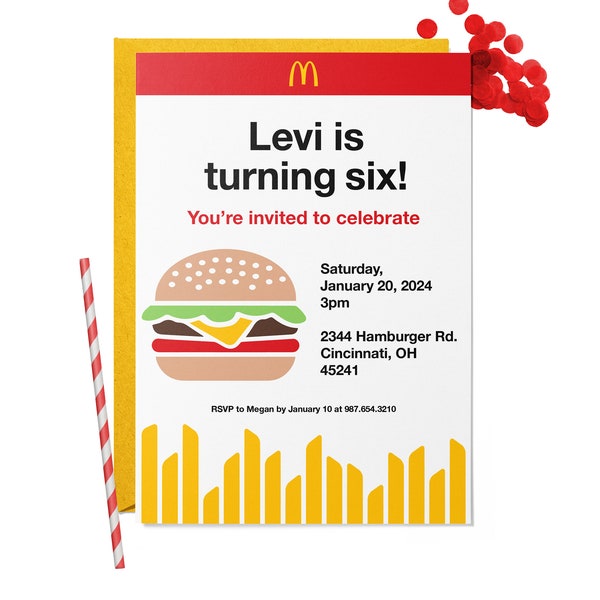 McDonald's Birthday Party Invitation Hamburger Cheeseburger Fries Invite