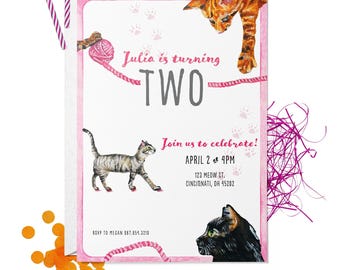 Watercolor Cat Birthday Party Invitation