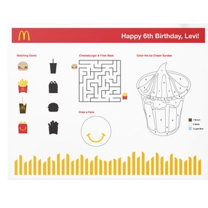 Personalized McDonald's Inspired Birthday Party Activity Sheet - Custom Coloring Table Placemat for Kids