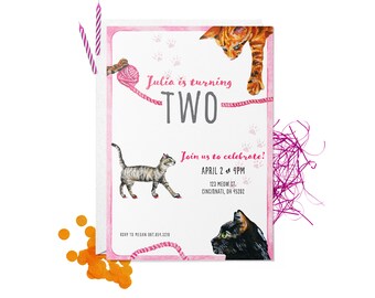 Watercolor Cat Birthday Party Invitation