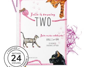 Watercolor Cat Birthday Party Invitation