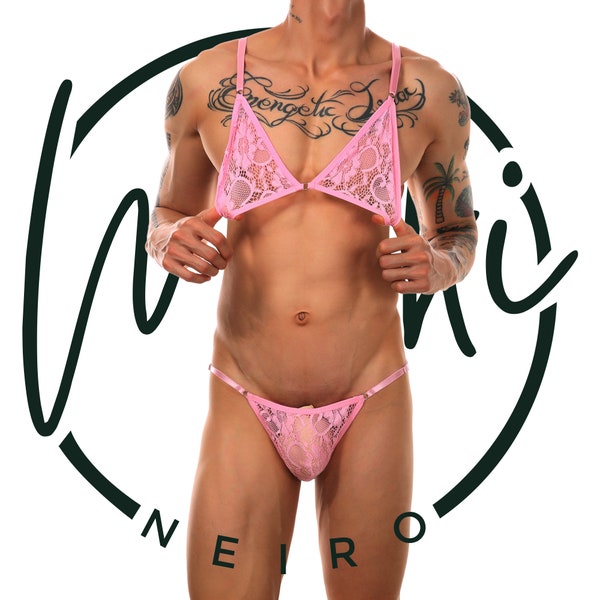 Herren balconette BH AA Cup BH Unterwäsche Spitzen-BH für Herren Herrenwäsche Flache Brust Männlich Bras Crossdressers Dessous-Set für Herren einstellbar