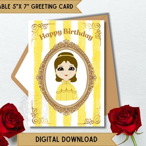 Biglietto d'auguri di compleanno di La Bella e la Bestia Belle - Download istantaneo della Principessa Disney PDF stampabile JPEG Abito giallo Regalo digitale Belle