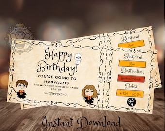 Editable Wizard Theme Park Ticket Printable Digital Downloadable Birthday Surprise Trip PDF