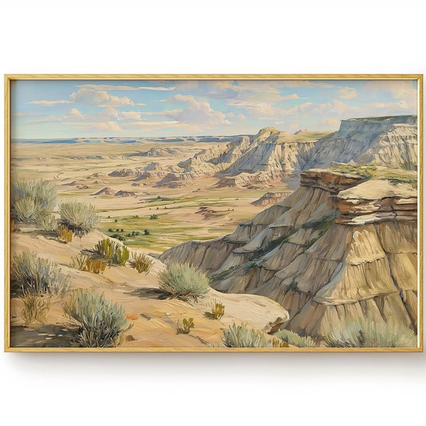 Printable Badlands Vintage Oil Painting, Rustic Wall Art, Wilderness Landscape, Country Wall Art, Digital Download