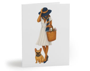 Chic Irish Girl with French Bulldog Greeting Cards - Stylish Cards for Birthdays, Celebrations, Thank You, and More!