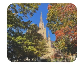 Notre Dame Sacred Heart Basilica in Autumn Mouse Pad, Nature Office Decor, Gift for Home Office, Fall Themed Mouse Pad