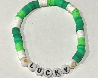 Notre Dame “LUCKY” Bracelet – Green & White Heishi Beads, Smiley + Heart Accents, Fighting Irish Jewelry