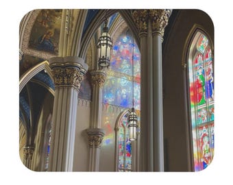 Notre Dame Sacred Heart Basilica Stained Glass Window Mouse Pad, Colorful Desk Decor, Religious Art, Home Office, Unique Mousepad