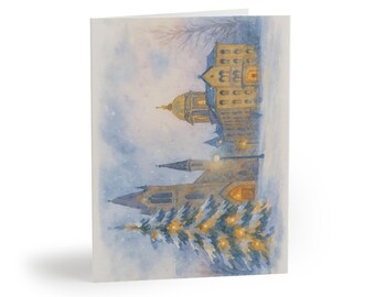 Notre Dame Winter Glow Watercolor Stationery Cards Basilica and Golden Dome Christmas Scene