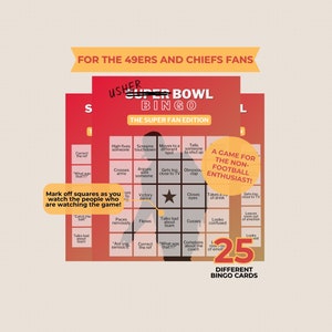 Op de afbeelding: Een Super Bowl Bingo-kaart met 25 vakjes met activiteiten en reacties van voetbalfans. De kaart heeft de titel "The Super Fan Edition" en bevat zinnen als "Screams touchdown", "Gets too close to TV", "Closes eyes", "Looks confused" en "Leaves room out of emotion".