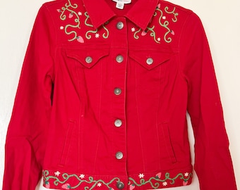 Strawberry Demin Jacket, Red Jean Jacket with Strawberries and Daisies