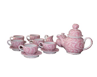 Juego de té de Talavera pintado a mano para 6 personas: Cerámica rosa y blanca