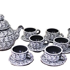 Hand-Painted Talavera Coffee Set for 6 - Black & White