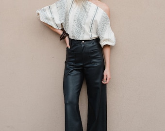 Mexican Bone & Black  Blouse - Blusa de Telar de Pedal hecha en Oaxaca