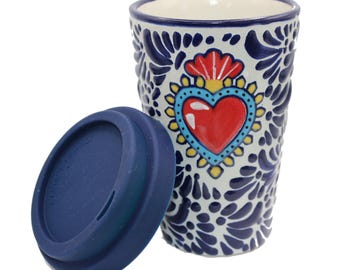 Taza de café de Talavera, taza de té con tapa de silicona pintada a mano, 15 oz