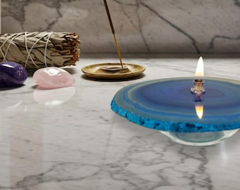 Teal Oil Lamp Agate Forever Wick Candle for relaxation gift for friend with gift box
