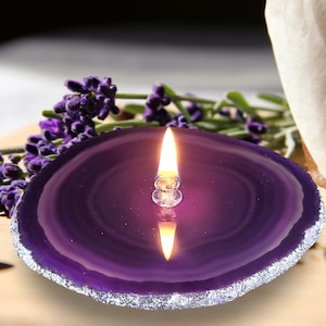 Natural Oil Lamp Agate Forever Wick Candle for relaxation gift for friend purple with gift box